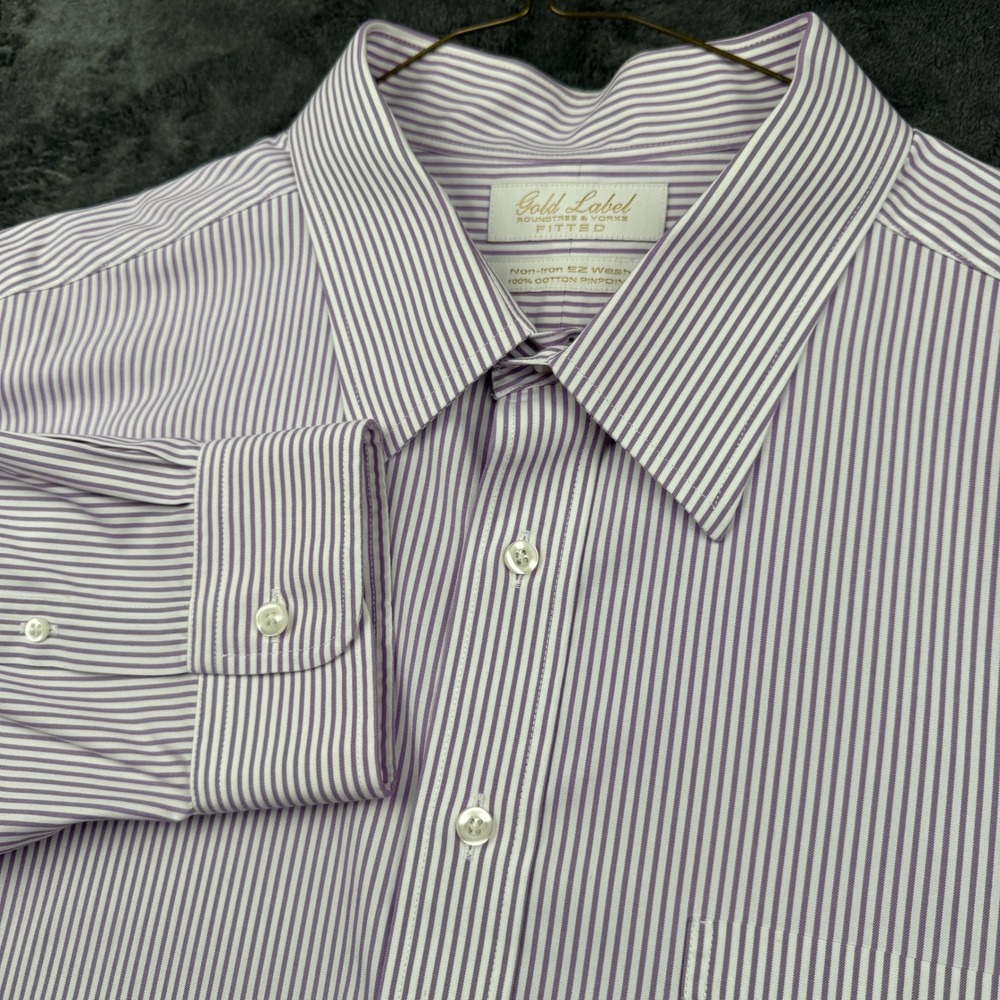 Roundtree & Yorke Dress Shirt Mens 18 36 Purple Striped Non-Iron Fitted Exc
